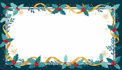 Festive Christmas Holiday Frame with Holly Berries, Golden Ribbons, and Elegant Winter Decor