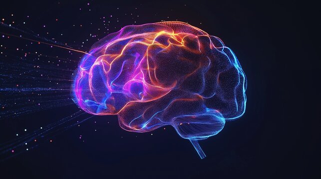 Brain with glowing lines on dark background as artificial intelligence concept with neon light and hologram effect