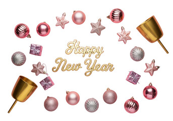 Golden happy new year text surrounded by festive pink and silver ornaments isolated on transparent background