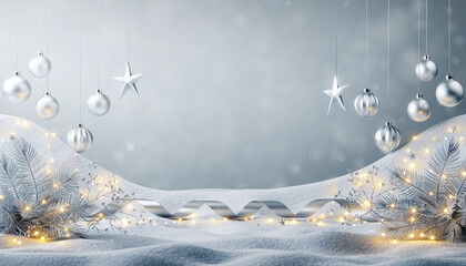 Elegant silver Christmas ornaments and stars hanging over a snowy landscape with fairy lights