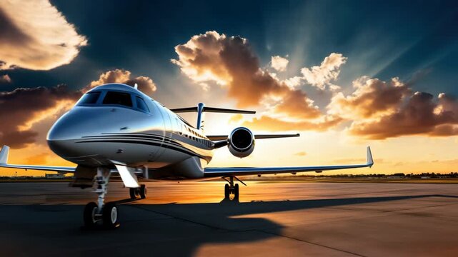 Low-angle shot of a private jet on a runway at sunset, capturing dramatic skies and sleek design, ideal for a luxury travel video concept. Live desktop wallpaper.