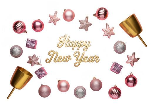 Golden happy new year text surrounded by festive pink and silver ornaments isolated on transparent background