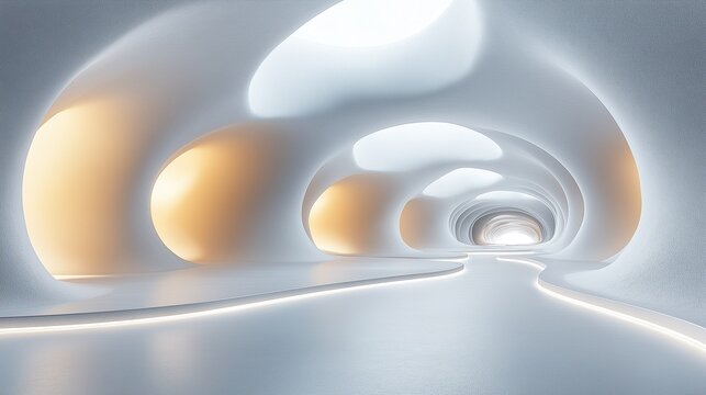 White futuristic interior with rounded walls glowing lights and long path creating modern architectural space - Powered by Adobe