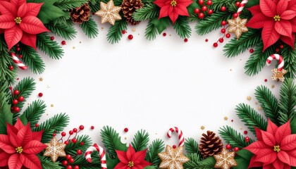 Festive Christmas frame adorned with lush pine branches, vibrant poinsettias, and elegant golden ornaments
