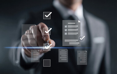 Businessman Completing Checklist on Virtual Screen