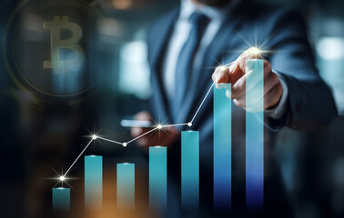 Bitcoin Investment Growth, Financial Chart and Businessman