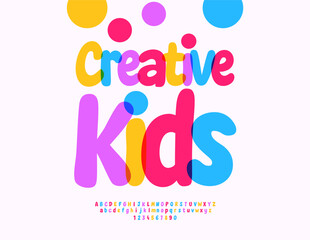 Vector Cute emblem Creative Kids. Fancy Colorful Font. Bright Cute Children Alphabet Letters and Numbers set.