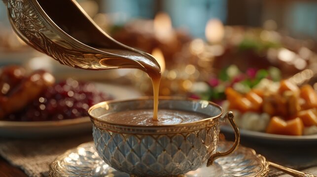 Close-up of gravy boat pouring sauce, Thanksgiving table full of food, ultra detailed 8k
