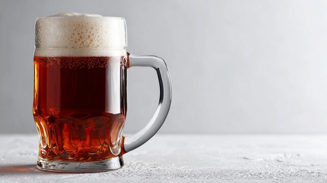 A glass of beer is sitting on a table. The glass is half full and the beer is foamy. Concept of relaxation and enjoyment, as the beer is a popular beverage for unwinding and socializing
