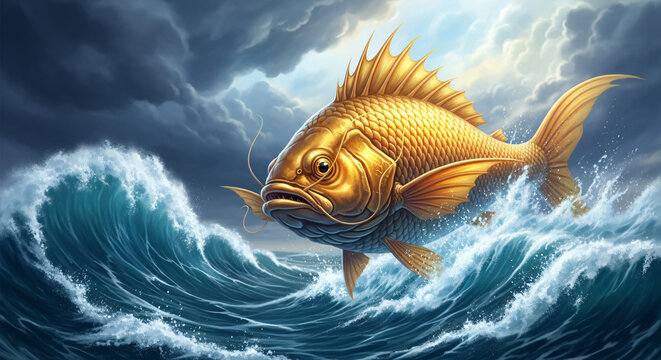 Lord Vishnu as Matsya emerging from ocean waves