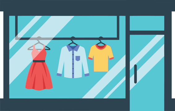 Clothing store window with dress, shirt, and t-shirt on display.