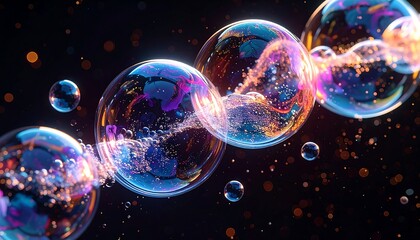 Iridescent Soap Bubbles Floating in Dark Space with Colorful Reflections.