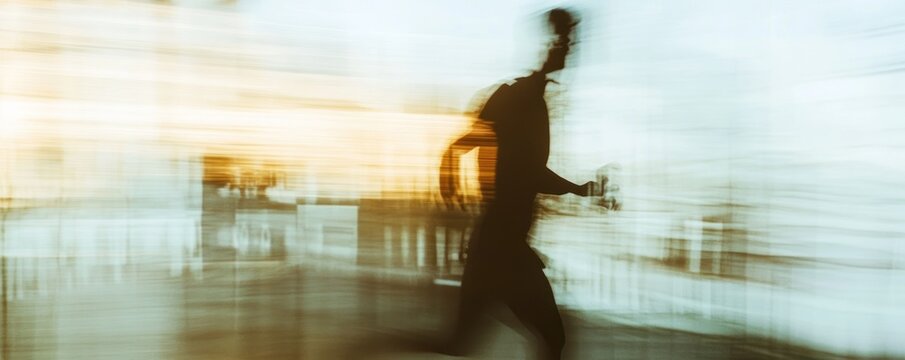 Blurred runner, city sunrise, motion, urban commute
