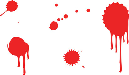 Red blots splatters drips scattered on a white background
