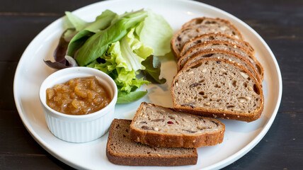 Healthy whole grain bread with salad and apple sauce on a white plate