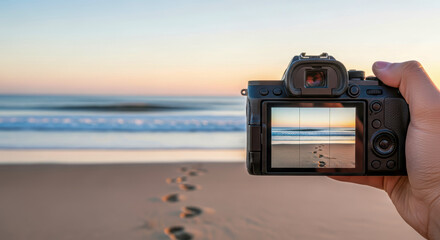 Hand holding camera capturing serene beach scene with gentle waves and footprints in sand, showcasing nature's beauty and tranquility at sunset with copy space