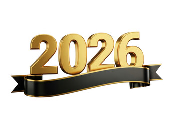 Golden 2026 year number with black ribbon isolated on transparent background