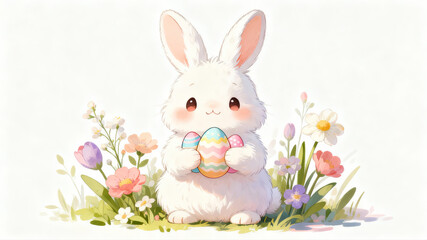 Obraz premium Cute white bunny holding egg, Easter egg