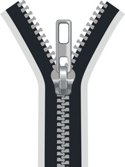 Illustration of an open zipper with a silver pull tab and black teeth.