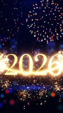 Sparkling 2026 text with vibrant fireworks display and city skyline at night