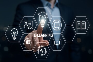 Smart online learning interface with glowing education icons