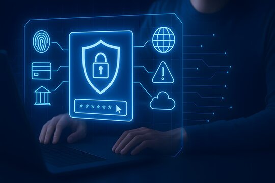 Strong cyber security login interface with password and shield icon
