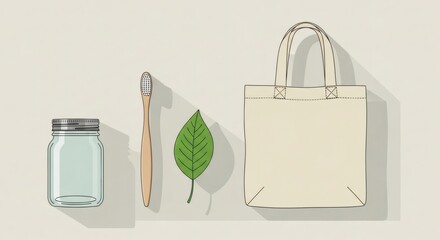 A flat lay illustration of essential reusable items for a sustainable, zero-waste, and eco-friendly lifestyle