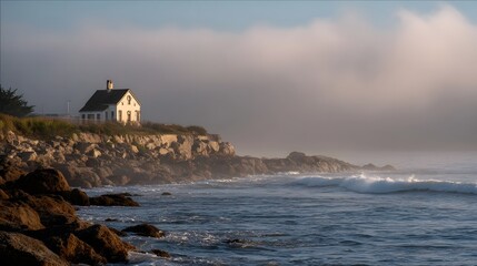 A lone white house on a rocky cliff overlooks a foggy ocean with gentle waves crashing on the shore