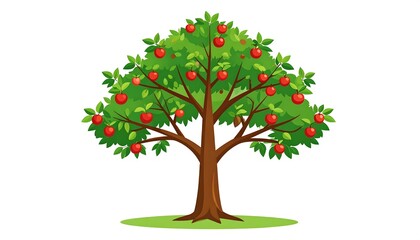 Lush Apple Tree Illustration with Ripe Red Apples and Green Leaves.