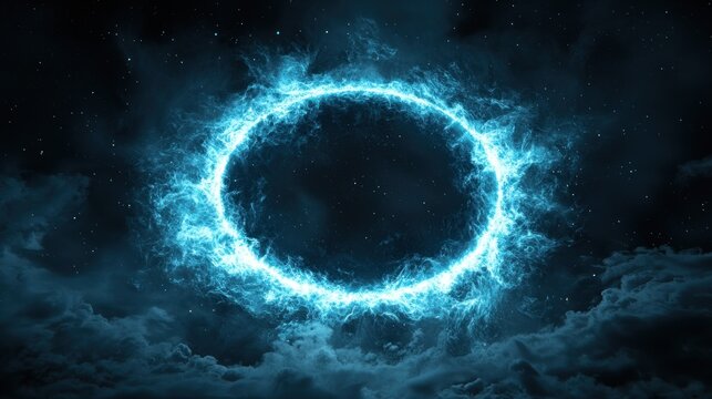 Glowing blue energy ring in the night sky amidst clouds