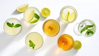 Overhead View of Refreshing Drinks with Citrus and Mint on White Surface