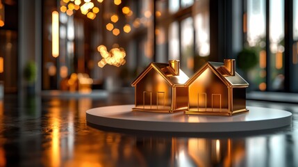 Golden house models sit on a platform, blurred interior behind