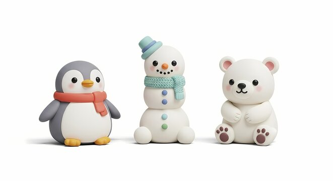 A charming collection of cute winter holiday characters featuring a penguin, snowman, and polar bear, created as 3D models with a clay-like texture