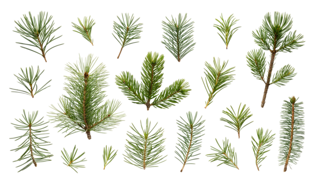 set of different christmas tree branches: pine, fir, spruce tree isolated on white or transparent png
