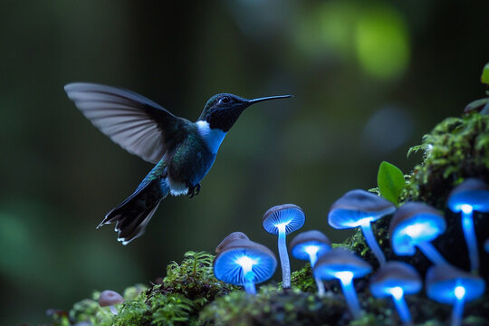 tiny hummingbird hovering over cluster of bioluminescent mushrooms