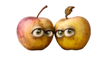 Conjoined apples with carved eyes evoke quirky Halloween masquerade, surreal fruit art, and whimsical harvest festivities