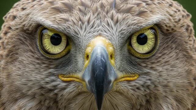Close-up of a hawk's face with piercing yellow