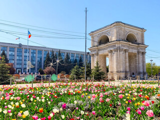 Chișinău the capital of the Republic of Moldova. Tulips in the central park