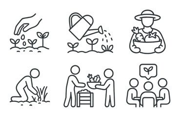 Icons illustrating gardening activities and plant growth