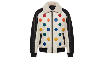 Stylish bomber jacket with colorful polka dot pattern and faux fur collar