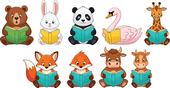 Cartoon animals reading books, cute animal illustration, educational animal characters, children learning, animal group reading, colorful book scene - Powered by Adobe