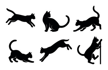 Black cat silhouettes in various playful poses against dark background