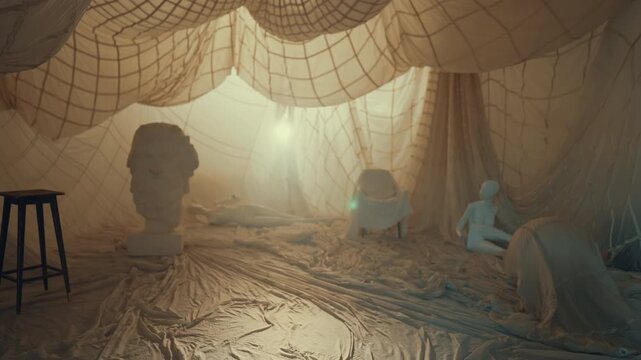 Contemporary art performance in modern museum, exhibition of broken dolls. Strange interior of photo studio with mannequins, Greek god statues and fabrics, manic lair in scary movie, trap for victim