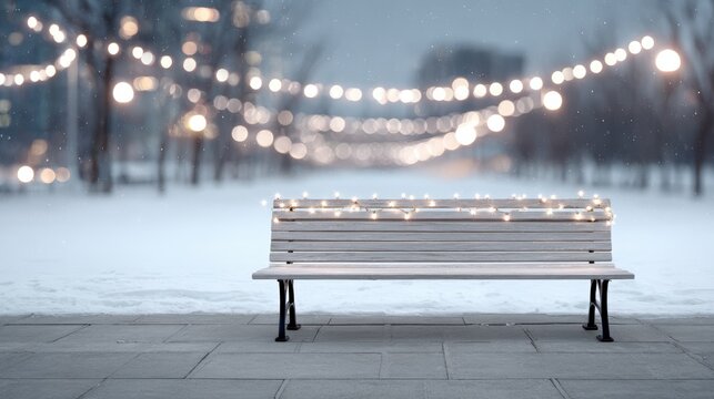 Winter scene featuring a white bench adorned with glowing lights, surrounded by a snowy landscape and softly blurred background, creating a serene and magical atmosphere