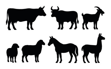 Naklejka premium Silhouettes of farm animals: cow, bull, goat, sheep, horse, llama