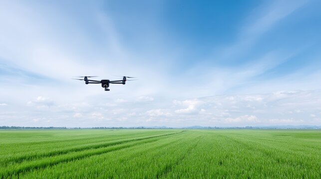 Drone flying over lush green rice field under a bright blue sky with scattered clouds, capturing aerial views of agricultural landscape and showcasing modern technology in farming