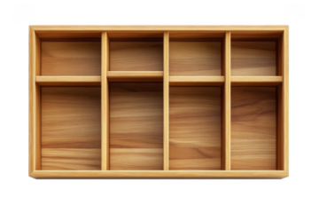 Wooden shelf organizer with compartments, rustic storage unit, display case, retail fixture, empty cubbies, wood grain texture, isolated on transparent background