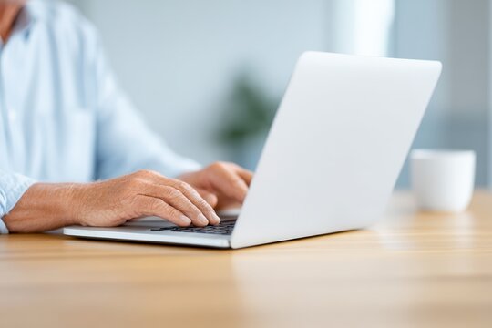 Adult male using a laptop computer on a wooden table, with a white coffee cup nearby, showcasing a modern workspace environment and digital engagement concept