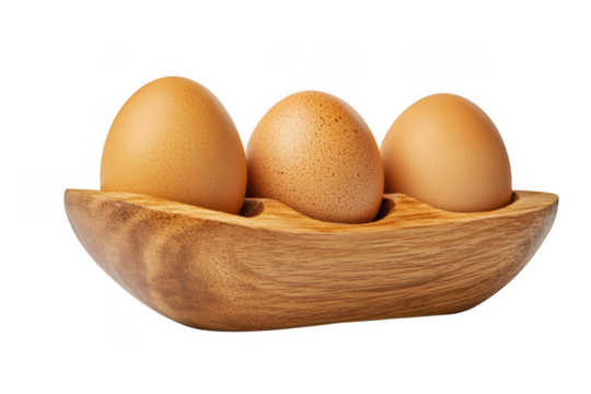 Three brown chicken eggs in wooden holder, organic food, farm fresh eggs, protein source, breakfast ingredient, cooking, baking isolated on transparent background