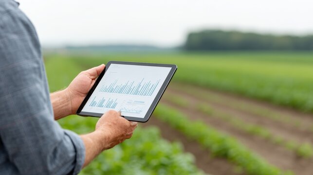 Agricultural worker analyzing crop data on a tablet in a lush green field, showcasing modern farming techniques and technology integration in agriculture